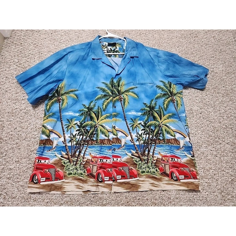 Royal Creations Hawaiian Shirt Mens 3XL Blue Vintage Car Tropical USA Made